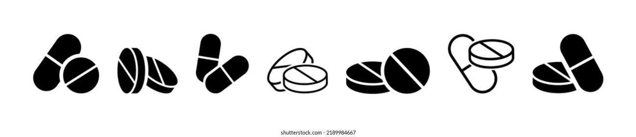 Conjunto de iconos vectoriales de pastillas. Comprimido o cápsula de fondo blanco. Icono de Medicamentos. Antibiótico o vitamina.