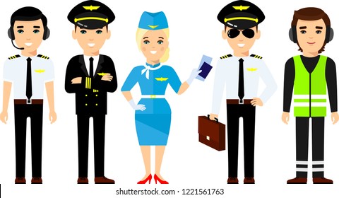 Set of pilot, captain, stewardess in different poses, care for passengers.
Group of flat cute cartoon pilot, air hostess holding airplane tickets.
