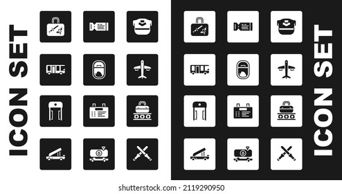 Set Pilot hat, Airplane window, Airport bus, Suitcase, Plane, Airline ticket, Conveyor belt with suitcase and Metal detector airport icon. Vector