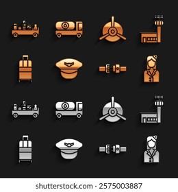 Set Pilot hat, Airport control tower, Stewardess, Safety belt, Suitcase, Plane propeller, luggage towing truck and Fuel tanker icon. Vector