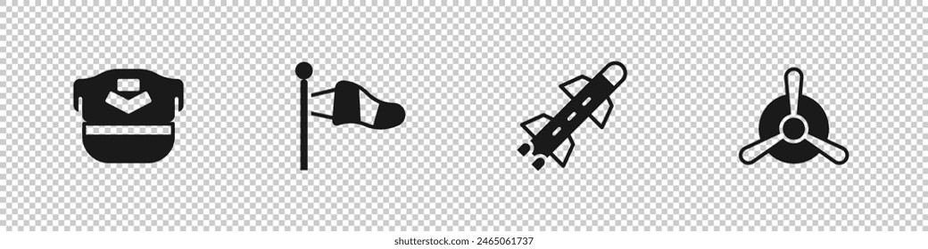 Set Pilot hat, Cone meteorology windsock, Rocket and Plane propeller icon. Vector