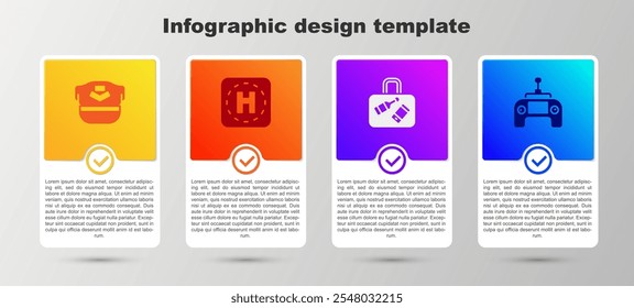 Definir chapéu piloto, landing pad de helicóptero, controle remoto de mala e drone. Modelo de infográfico comercial. Vetor