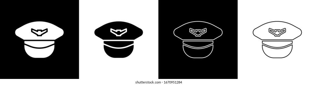 Set Pilot hat icon isolated on black and white background.  Vector Illustration