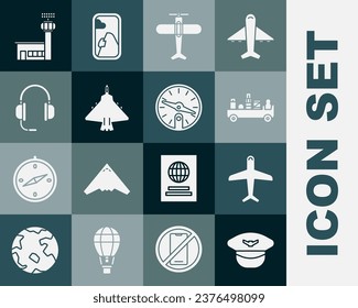 Set Pilot hat, Plane, Airport luggage towing truck, Jet fighter, Headphones with microphone, control tower and Compass icon. Vector