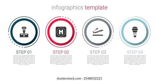 Definir piloto, landing pad de helicóptero, decolagem de avião e balão de ar quente. Modelo de infográfico comercial. Vetor