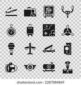 Set Pilot, Passport with ticket, Plane propeller, Radar targets on monitor, Suitcase, Barometer, takeoff and World travel map icon. Vector