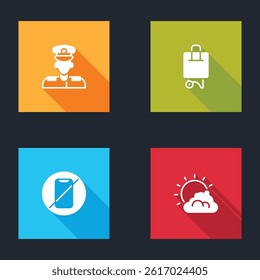 Set Pilot, Suitcase, No cell phone and Sun and cloud weather icon. Vector