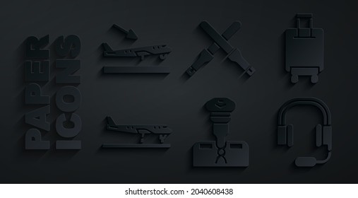 Set Pilot, Suitcase, Plane, Headphones with microphone, Marshalling wands and landing icon. Vector