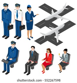 Set of pilots in isometric view isolated on a white background. Planes on the runway. The flight attendant standing next to the passengers in their seats.