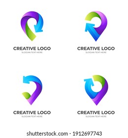 set pin arrow logo, pin and arrow, combination logo with 3d colorful style