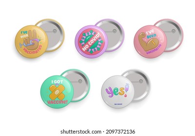 Set of pin buttons for people who have been vaccinated. Immunization campaign, coronavirus control round metallic glossy 3d pin badges realistic vector illustration isolated on white