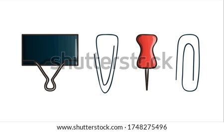 Set of pin and clip icons. Vector colored stationery, writing materials, office or school supplies isolated on white background. Cartoon style