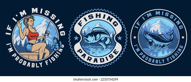 Set of pin up fishing girls round badges, perfect for t-shirt designs