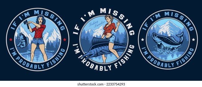 Set of pin up fishing girls t-shirt prints 