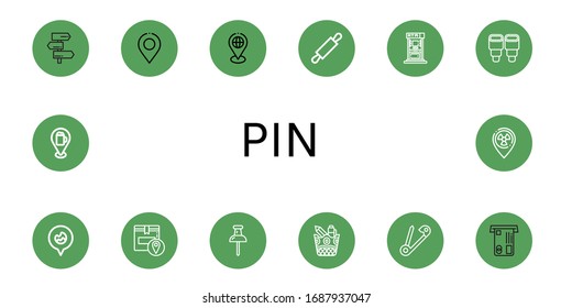 Set of pin icons. Such as Signpost, Location, Placeholder, Rolling pin, Atm, Pastry, Fire location, Tracking, Push pin, Stationery, Safety , icons