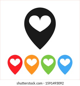 Set of Pin Location vector icon on white background. Heart point, pin icon, simple design. Vector symbol.