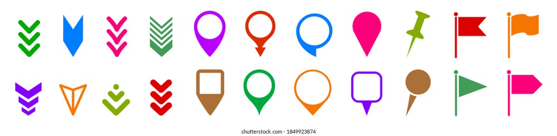 Set pin map marker pointer icon, GPS location flat symbol, arrows and flag signs – stock vector