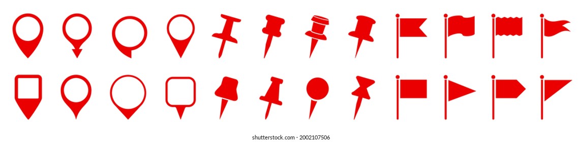 Set pin map marker pointer icon, GPS location flat symbol, arrows and flag signs – vector
