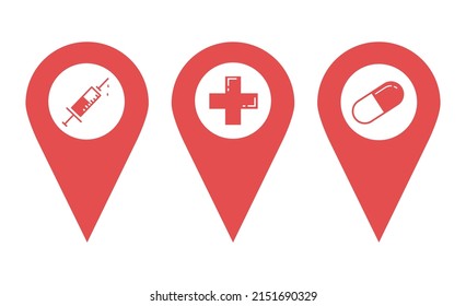 Set pin map marker pointer icon, GPS location flat symbol, arrows – vector. Map pins pointing to the hospital, pharmacy. Design elements for mobile app, banner, poster, pill advertising, pharmacy