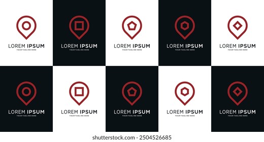 Satz von Pin Marker Position Logo Designs mit geometrischen Symbolen. Premium-Vektor