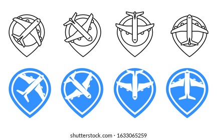 Set pin plane app icon line and flat style. Elements airplane for web and app