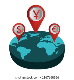 set pin pointer location with symbol crypto money in planet earth