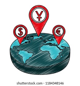 set pin pointer location with symbol crypto money in planet earth