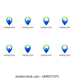 set pin wave logo, pin and wave, combination logo with 3d blue and green color style