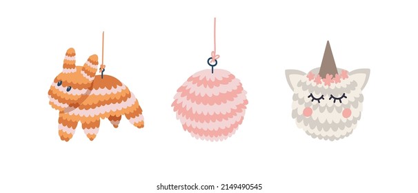 set of pinat llama, pink ball and unicorn
