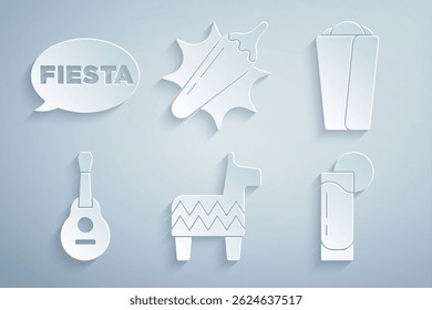 Set Pinata, Burrito, guitarra mexicana, Tequila vidro com limão, pimenta quente pod e ícone Fiesta. Vetor