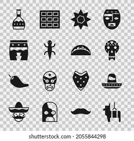 Set Pinata, Mexican sombrero, skull, Sun, Lizard, Huehuetl, Tequila bottle and Taco with tortilla icon. Vector