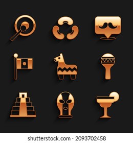 Set Pinata, Mexican wrestler, Margarita cocktail, Maracas, Chichen Itza Mayan, Mexico flag, Mustache and Gong icon. Vector