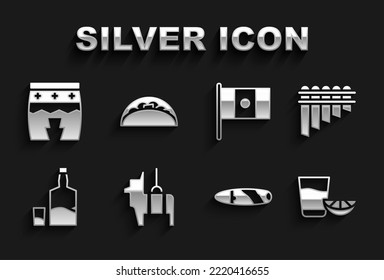 Set Pinata, Pan flute, Tequila glass with lemon, Cigar, bottle and, Mexico flag, Huehuetl and Taco tortilla icon. Vector