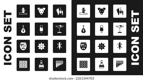 Set Pinata, Popsicle ice cream, Mexican guitar, Cactus, Margarita cocktail, Dog, Lizard and Aztec mask icon. Vector
