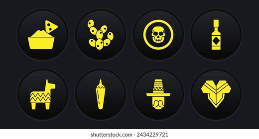 Set Pinata, Tabasco sauce, Hot chili pepper pod, Mexican man sombrero, skull coin, Cactus, Poncho and Nachos bowl icon. Vector