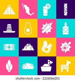 Set Pinata, Tabasco sauce, Tequila bottle, glass with lemon, Avocado fruit, Mexican sombrero, Chichen Itza Mayan and Hot chili pepper pod icon. Vector