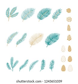 Set of pine branches and cones in cartoon style