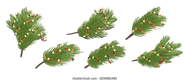 Conjunto de ramas de pino con decoración de navidad de guirnaldas, ilustraciones vectoriales dibujadas a mano aislado.