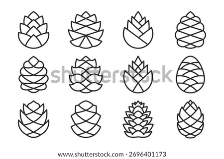 Set of Pine Cone Line Icons – Minimalist Forest and Nature Symbol Collection