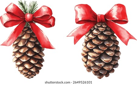 set of Pine Cone with Red Bow Watercolor  vector illustration