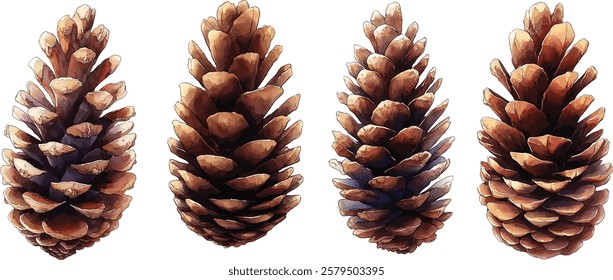 Set of pine cones isolated on white background. Hand painted watercolor. Botanical hand drawn  illustration vector Cones of coniferous trees, forest elements
