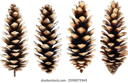 Set of pine cones isolated on white background. Hand painted watercolor. Botanical hand drawn  illustration vector Cones of coniferous trees, forest elements
