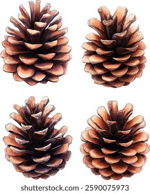 Set of pine cones isolated on white background. Hand painted watercolor. Botanical hand drawn  illustration vector Cones of coniferous trees, forest elements
