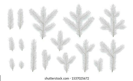 Set of Pine fir silver branches. Spruce branches realistic. Christmas tree Set isolated on white background. Decorative design elements. Xmas decor. Decoration Vector Natural objects.