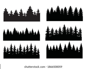 Set of pine forest. Collection of silhouette of tree forest. Logotype. Vector illustration of nature on a white background.