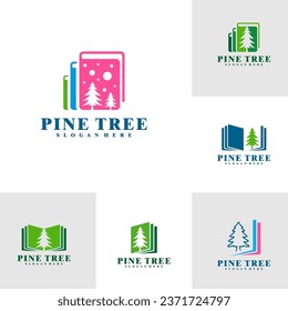 Set of Pine Tree with Book logo design vector. Creative Pine Tree logo concepts template