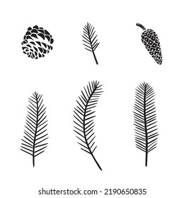 set of pine tree branches and cones, decorational elements