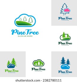 Set of Pine Tree with Cloud logo design vector. Creative Pine Tree logo concepts template