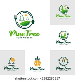 Set of Pine Tree with Food logo design vector. Creative Pine Tree logo concepts template