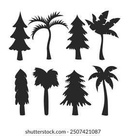 Set of Pine tree and Palm Tree Silhouette collection. Evergreen forest, wild nature trees templates. Vector illustration woodland trees set.